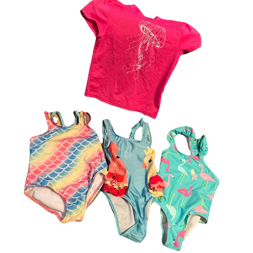 Toddler Girl 2T Swimwear Lot – 3 Swimsuits + Rash Guard Carters Reel Legends JB